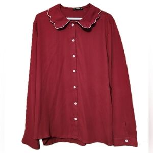 SHEIN Red Scalloped Collor Button Up Blouse Size 1XL
